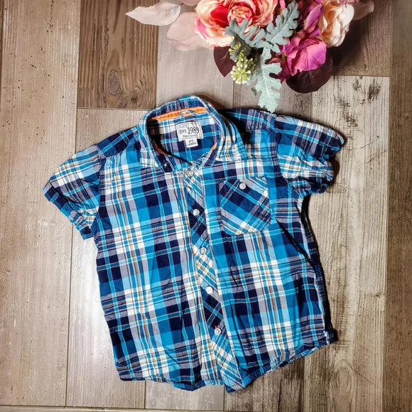 PLACE Blue and White Plaid 100% Cotton Button Down Short Sleeve Shirt Size 4T - Picture 1 of 14